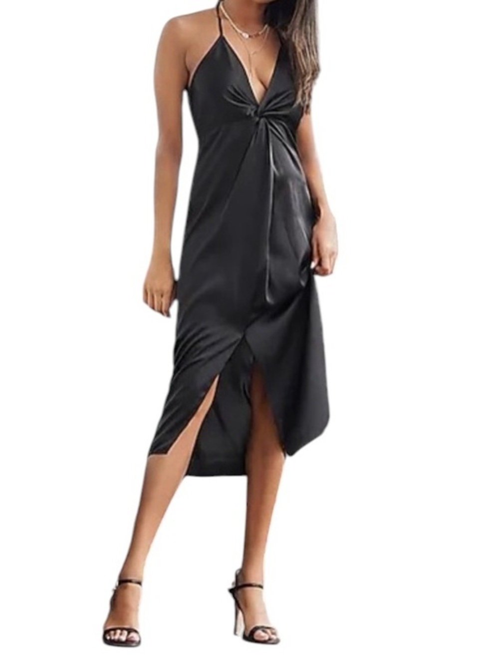 Express Black Twist-Front Spaghetti-Strap Midi Slip Dress